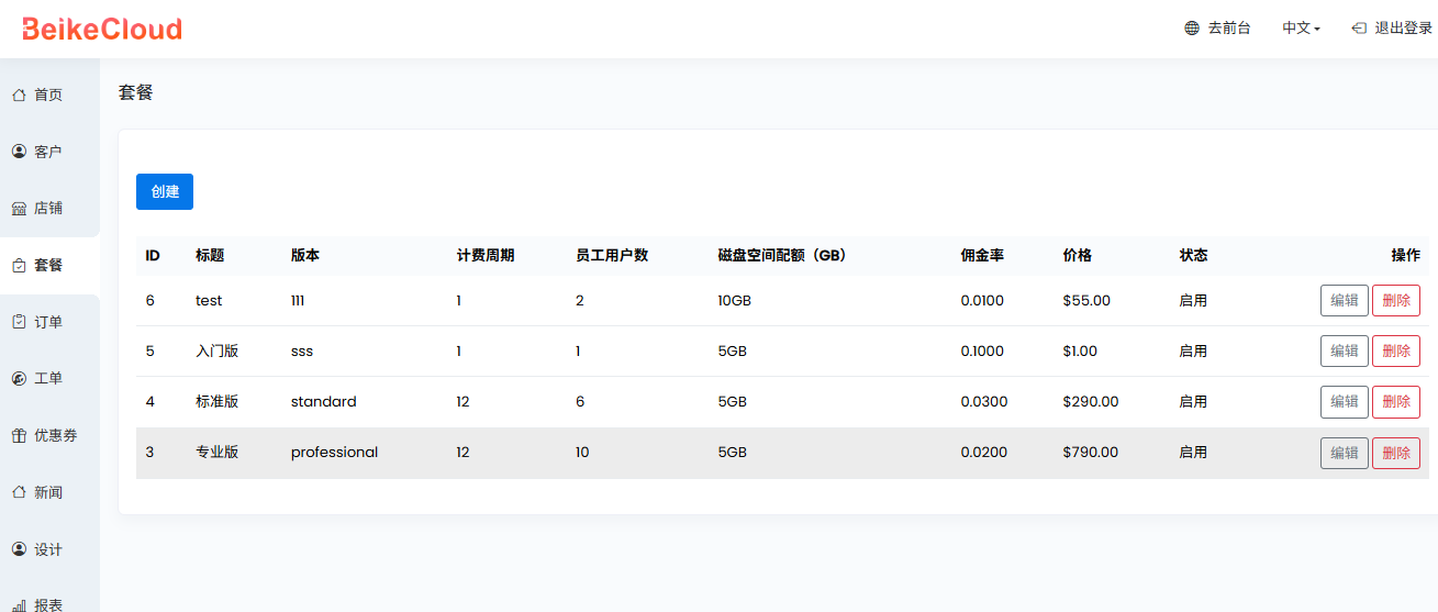 BeikeCloud-SaaS套餐配置页面