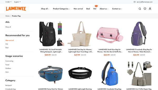 户外与城市包袋品牌独立站首页 页面截图 2