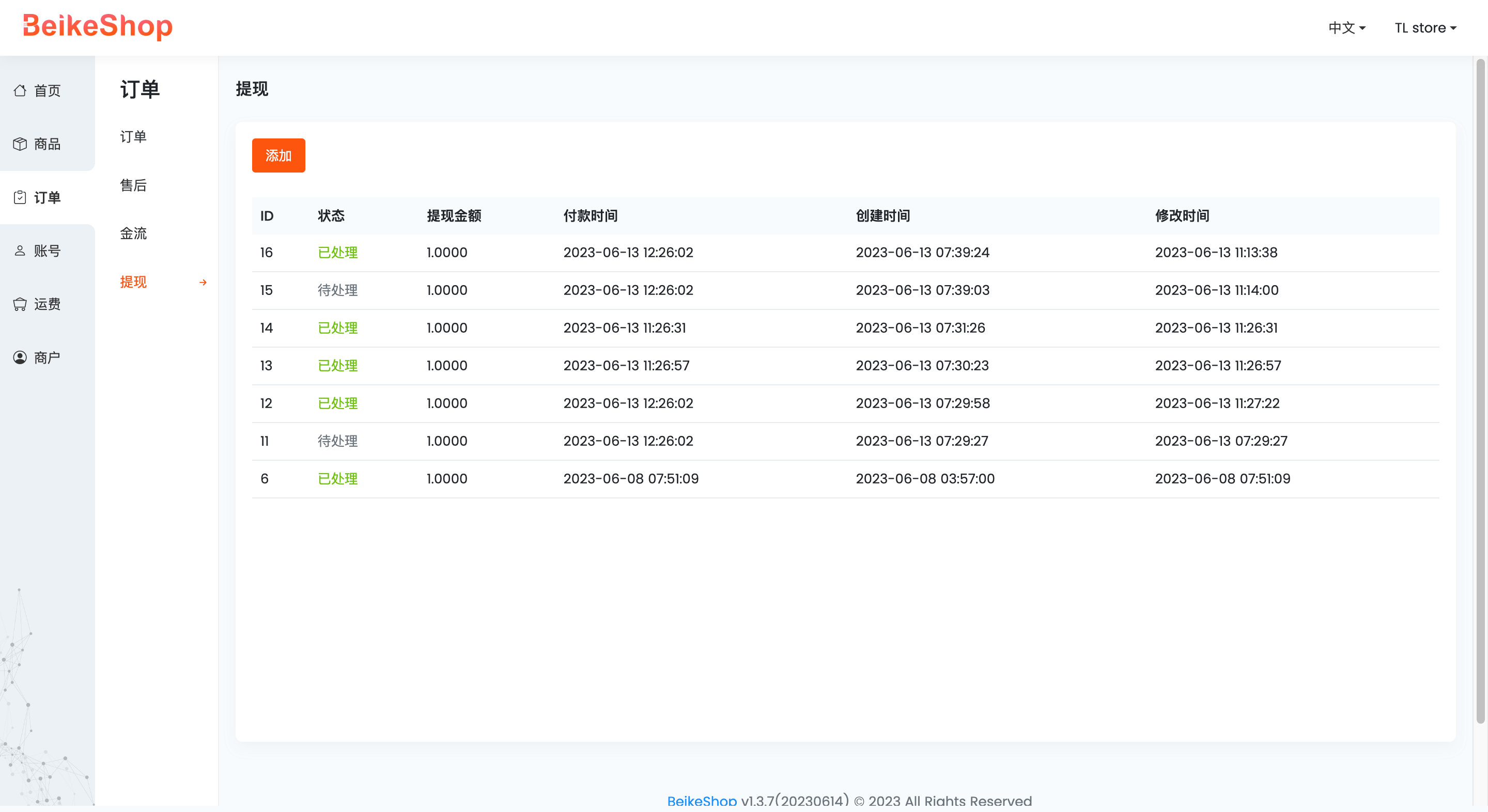 BeikeShop多商户-提现管理界面